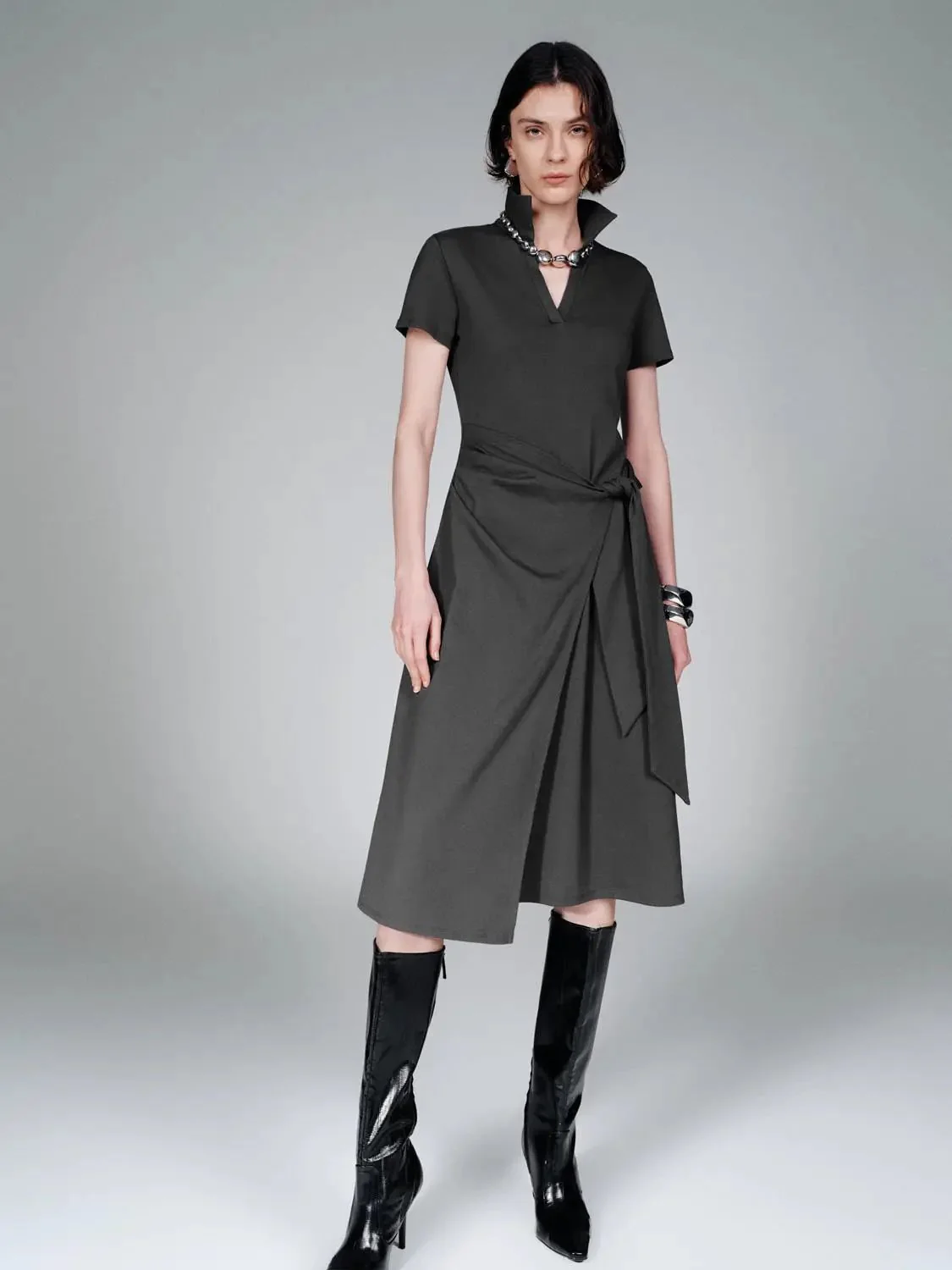 12732-cotton-blend-polo-neck-aline-with-tie-waist-midi-dresses-4.webp Cotton Blend Polo Neck Aline With Tie Waist Midi Dresses