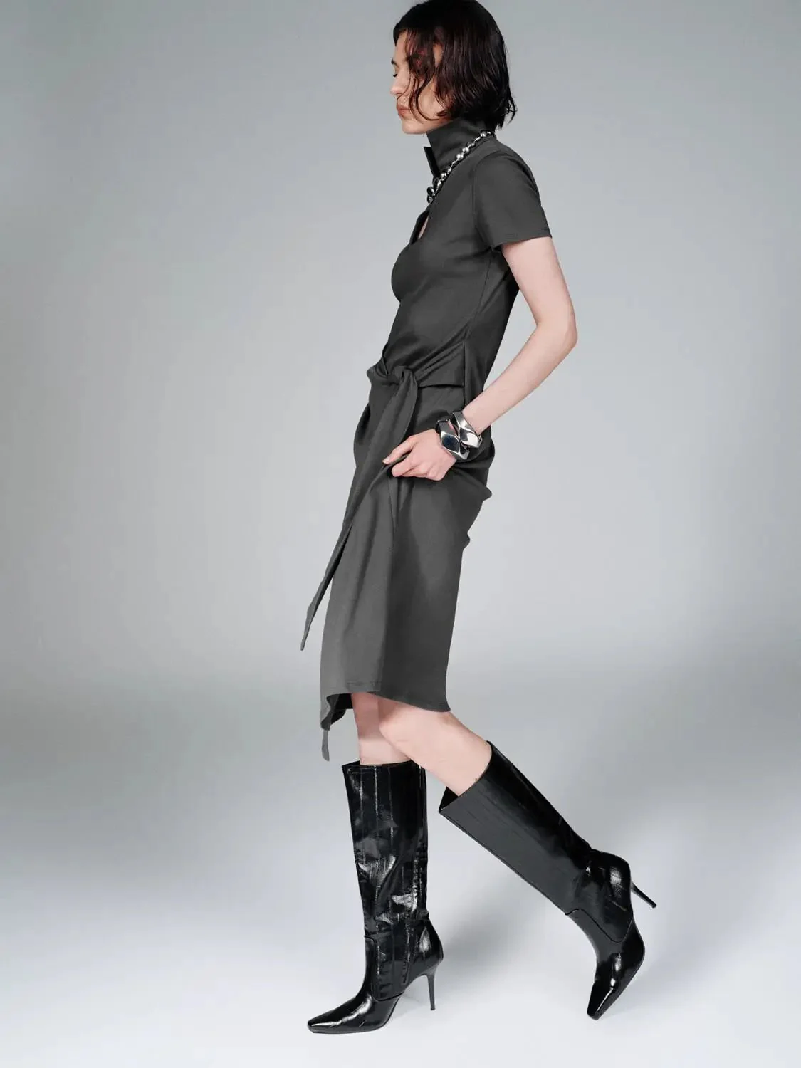 12732-cotton-blend-polo-neck-aline-with-tie-waist-midi-dresses-5.webp Cotton Blend Polo Neck Aline With Tie Waist Midi Dresses