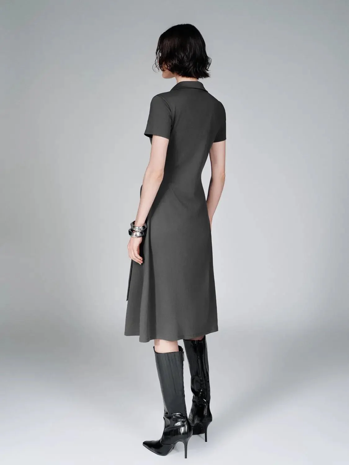 12732-cotton-blend-polo-neck-aline-with-tie-waist-midi-dresses-6.webp Cotton Blend Polo Neck Aline With Tie Waist Midi Dresses