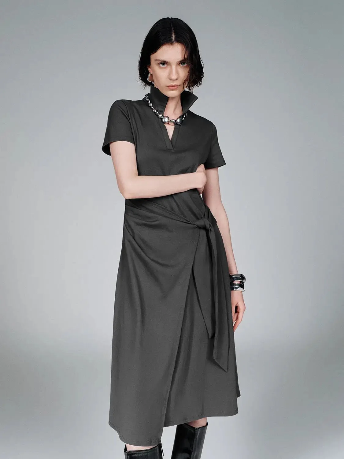12732-cotton-blend-polo-neck-aline-with-tie-waist-midi-dresses-9.webp Cotton Blend Polo Neck Aline With Tie Waist Midi Dresses