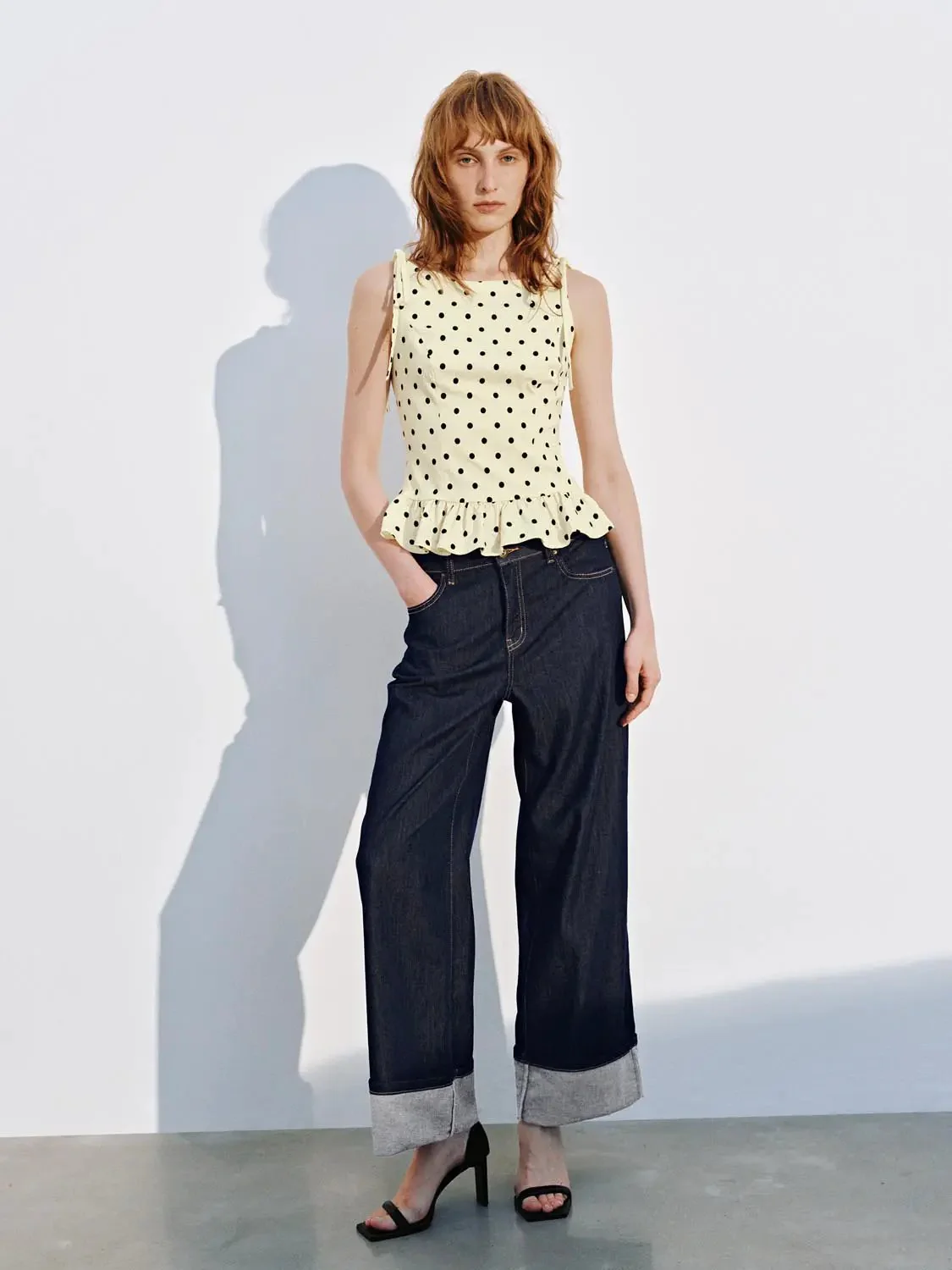 1275-polka-dotted-ruffle-trim-skinny-fit-sleeveless-shirts-4.webp Polka Dotted Ruffle Trim Skinny-Fit Sleeveless Shirts