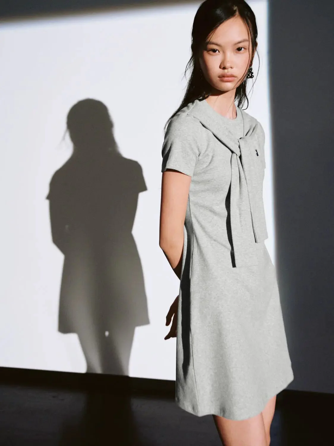 12760-cotton-blend-navy-short-sleeve-scarf-detail-dress-10.webp Cotton Blend Navy Short Sleeve Scarf Detail Dress