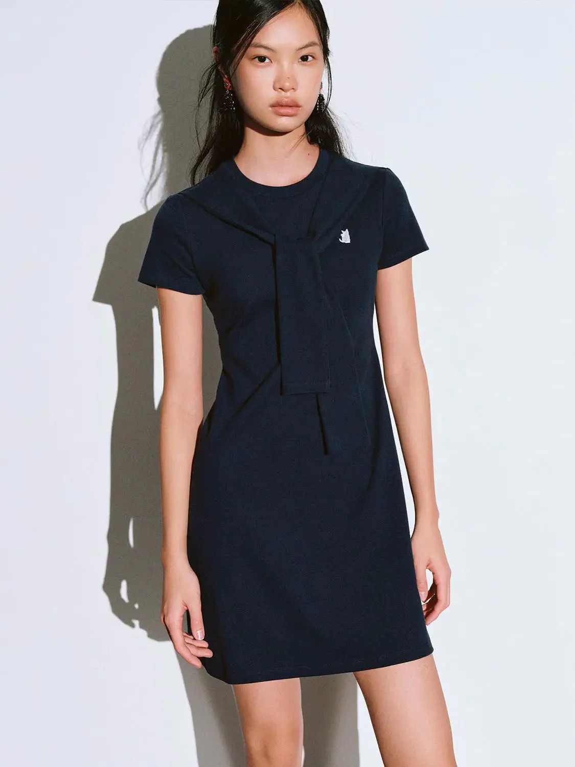 12760-cotton-blend-navy-short-sleeve-scarf-detail-dress-17.webp Cotton Blend Navy Short Sleeve Scarf Detail Dress