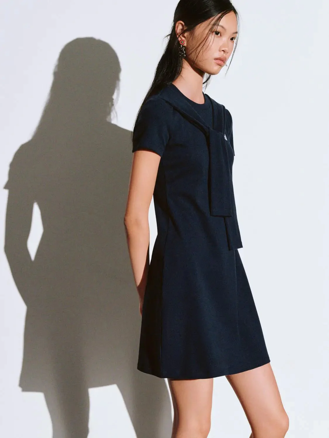 12760-cotton-blend-navy-short-sleeve-scarf-detail-dress-2.webp Cotton Blend Navy Short Sleeve Scarf Detail Dress