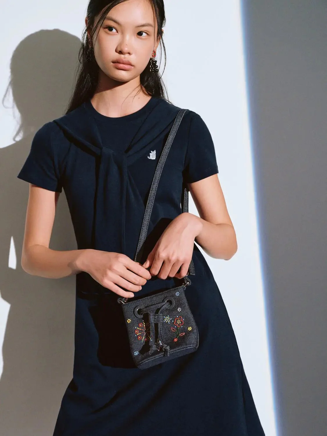 12760-cotton-blend-navy-short-sleeve-scarf-detail-dress-3.webp Cotton Blend Navy Short Sleeve Scarf Detail Dress