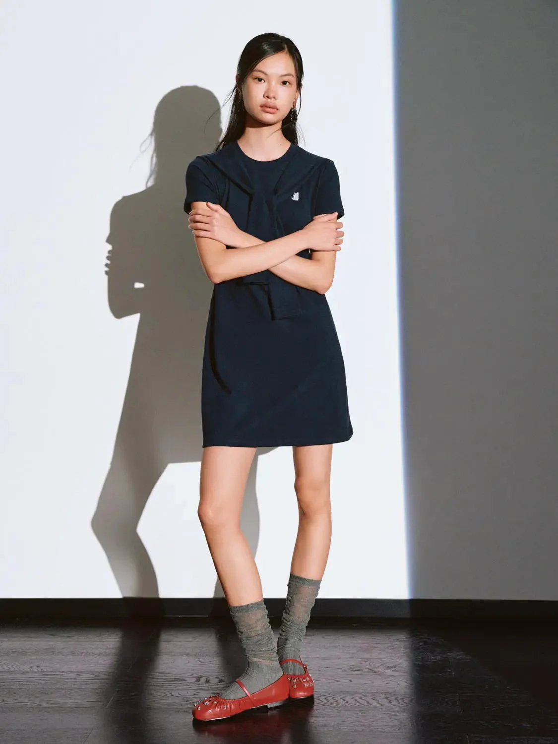 12760-cotton-blend-navy-short-sleeve-scarf-detail-dress-4.webp Cotton Blend Navy Short Sleeve Scarf Detail Dress