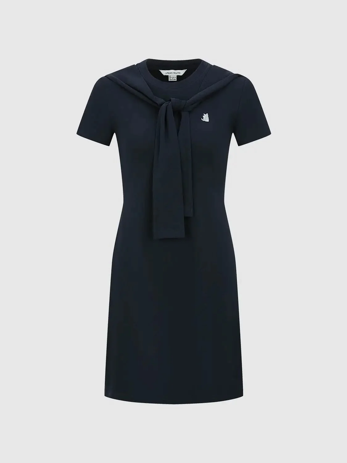 12760-cotton-blend-navy-short-sleeve-scarf-detail-dress-7.webp Cotton Blend Navy Short Sleeve Scarf Detail Dress