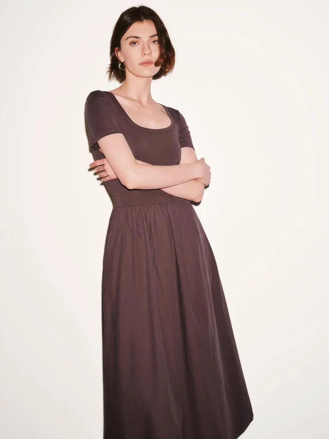 Cotton Lyocell Knit Square Neck A Line Midi Dresses