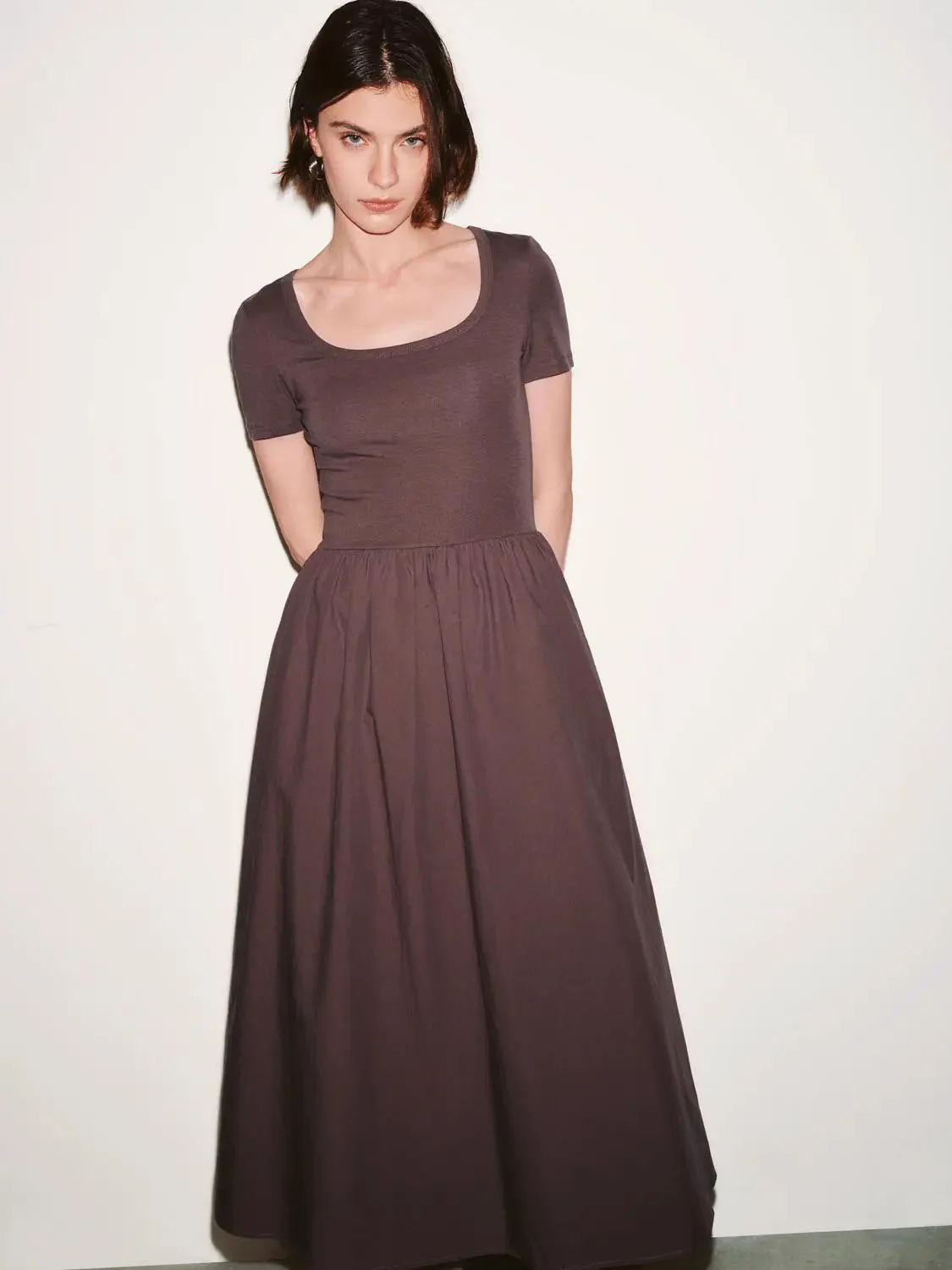 Cotton Lyocell Knit Square Neck A Line Midi Dresses