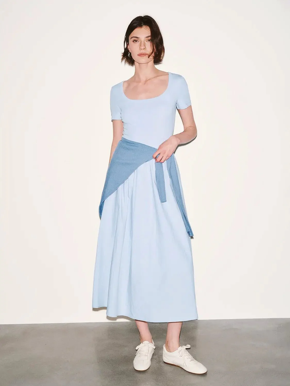 Cotton Lyocell Knit Square Neck A Line Midi Dresses