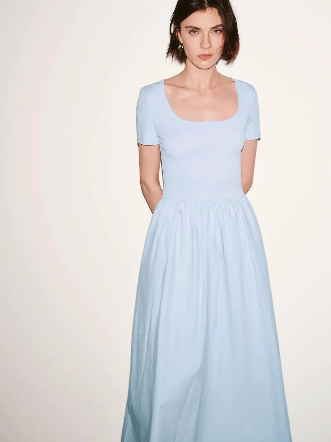 Cotton Lyocell Knit Square Neck A Line Midi Dresses
