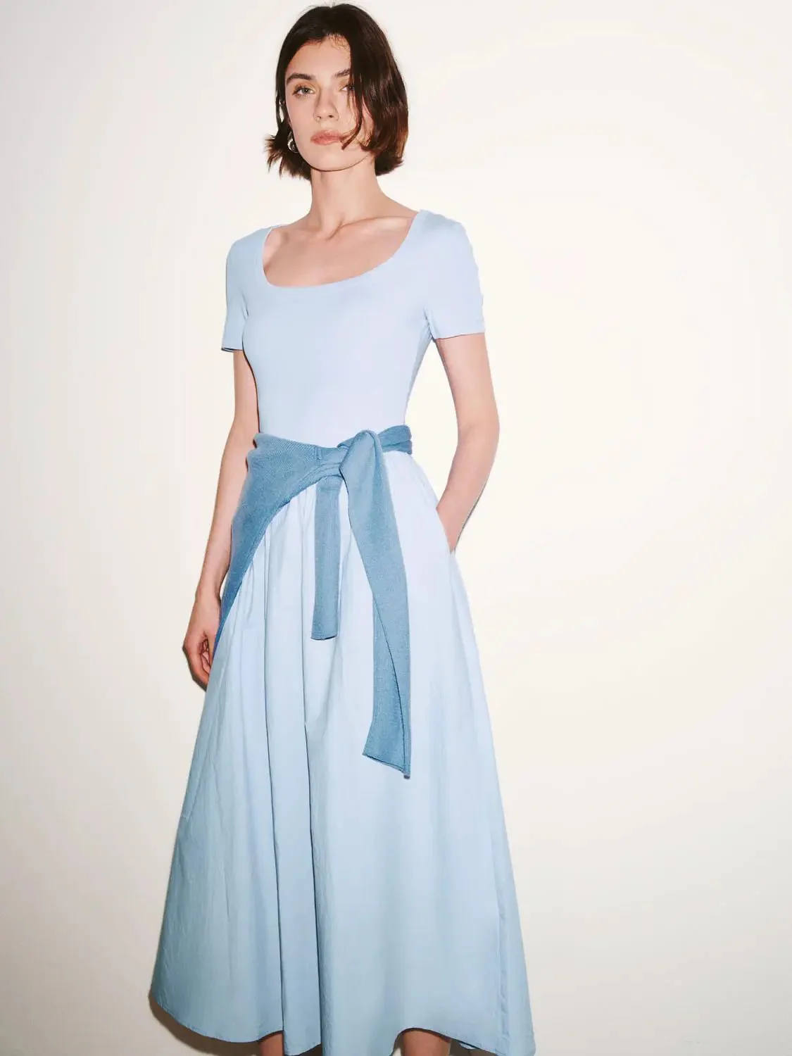 Cotton Lyocell Knit Square Neck A Line Midi Dresses