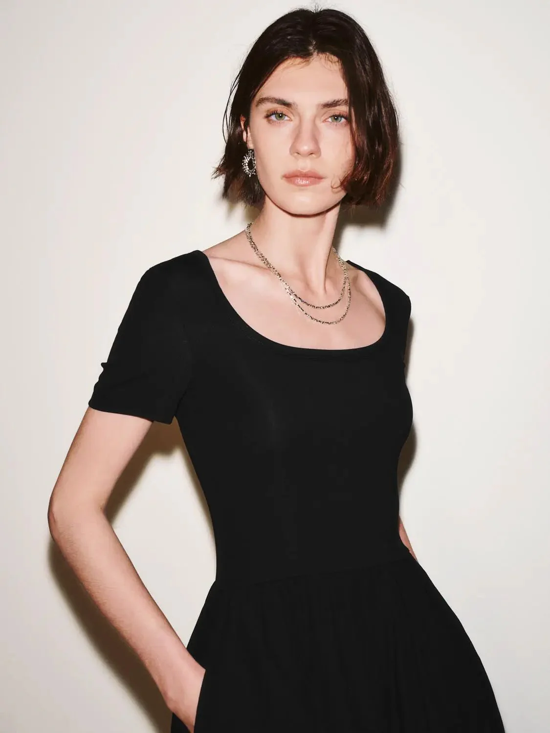 Cotton Lyocell Knit Square Neck A Line Midi Dresses