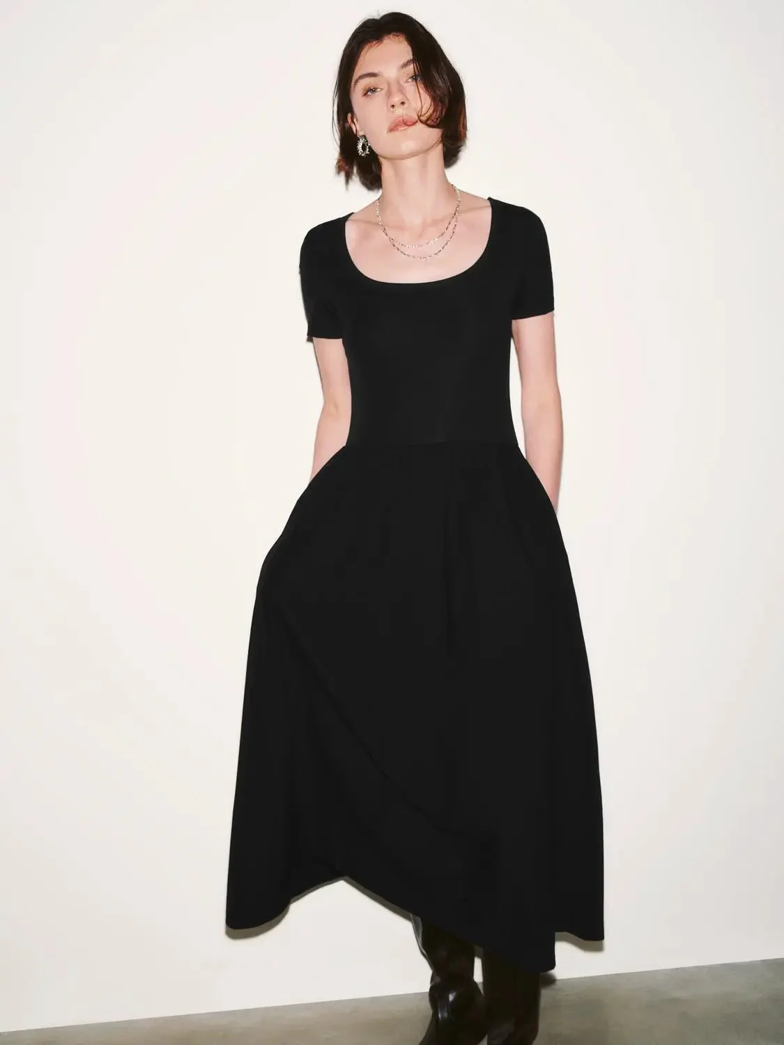Cotton Lyocell Knit Square Neck A Line Midi Dresses