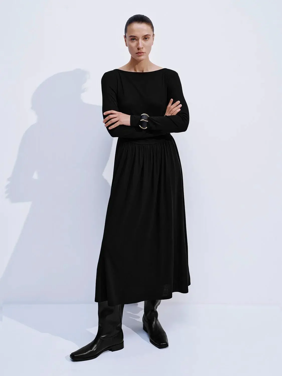 Elegant Ruched Long Sleeve Midi Evening Dresses