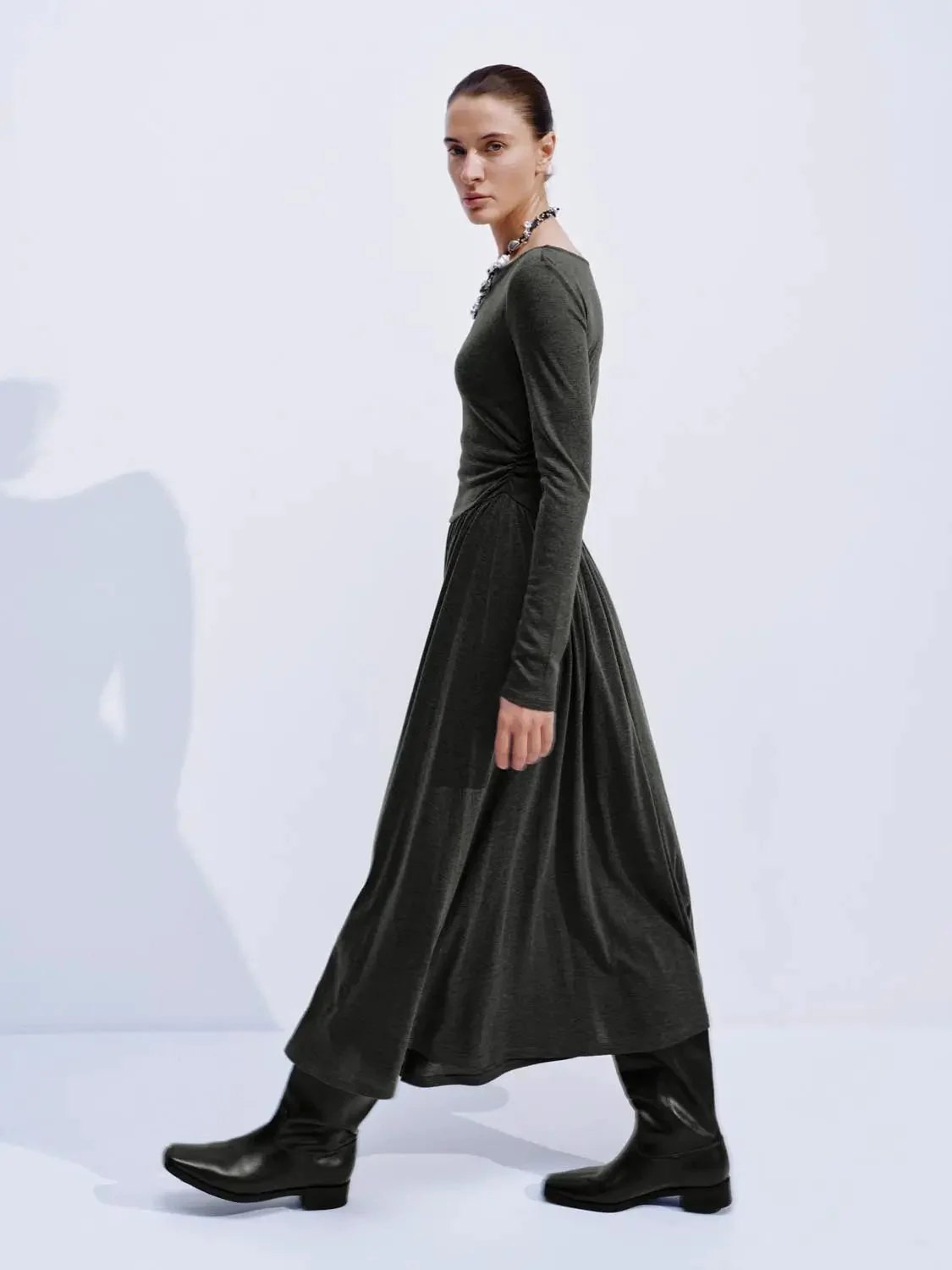 Elegant Ruched Long Sleeve Midi Evening Dresses