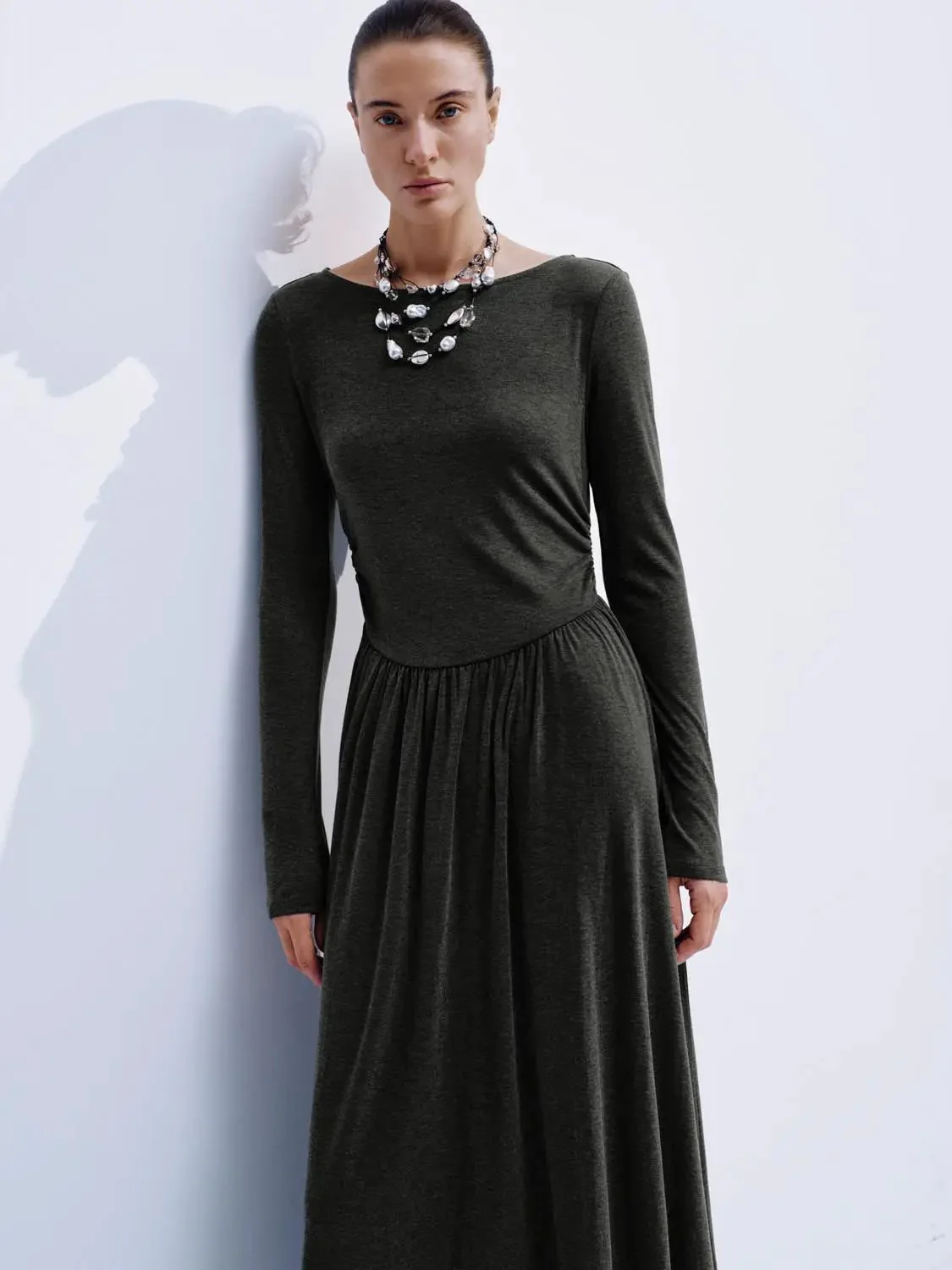 Elegant Ruched Long Sleeve Midi Evening Dresses