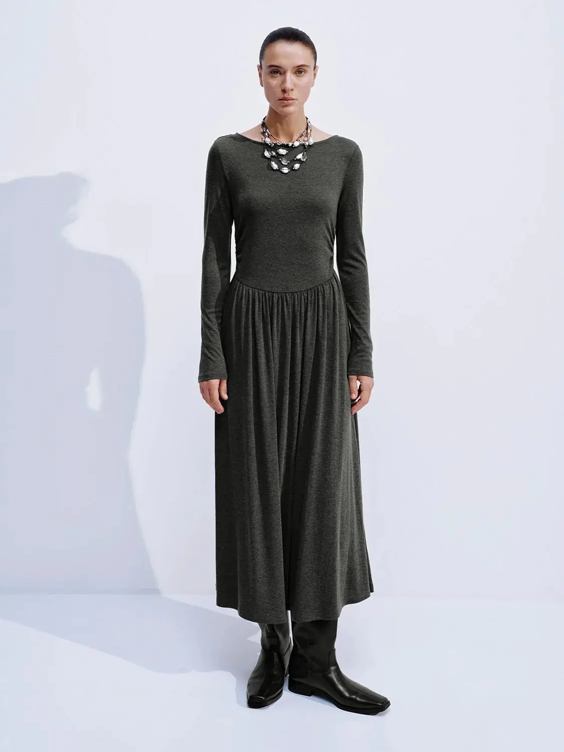 Elegant Ruched Long Sleeve Midi Evening Dresses