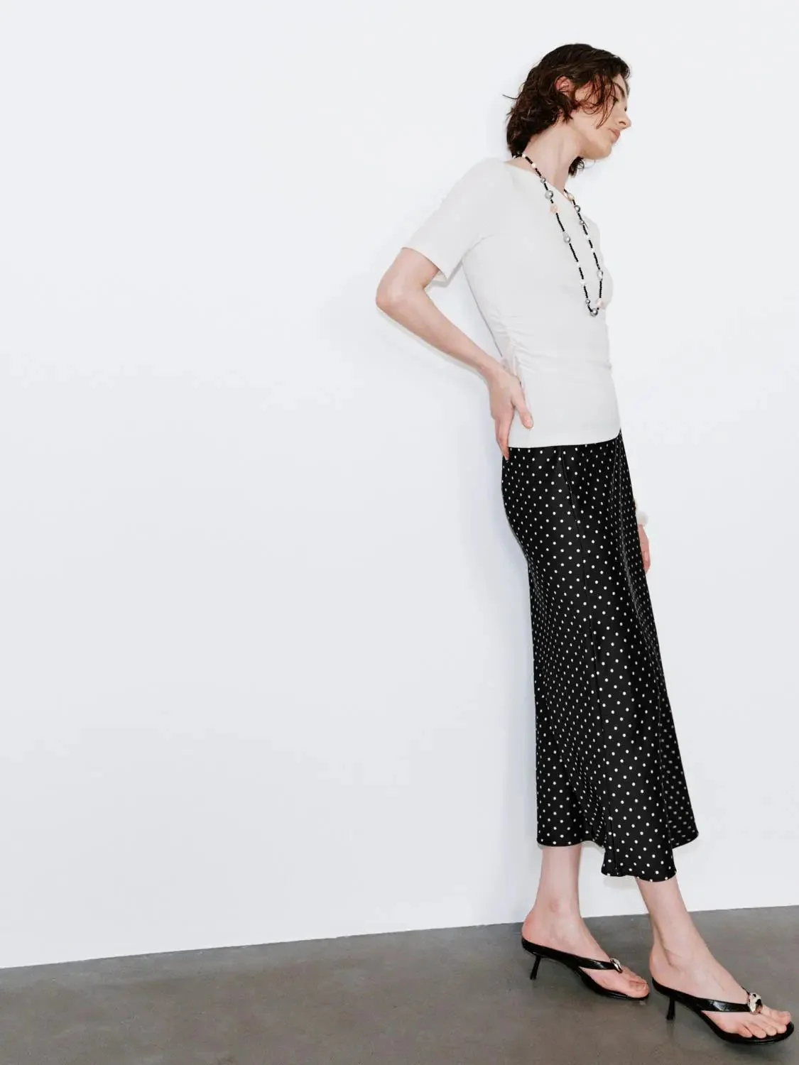 1281-beige-polka-dot-fishtail-satin-midi-skirt-22.webp Beige Polka Dot Fishtail Satin Midi Skirt