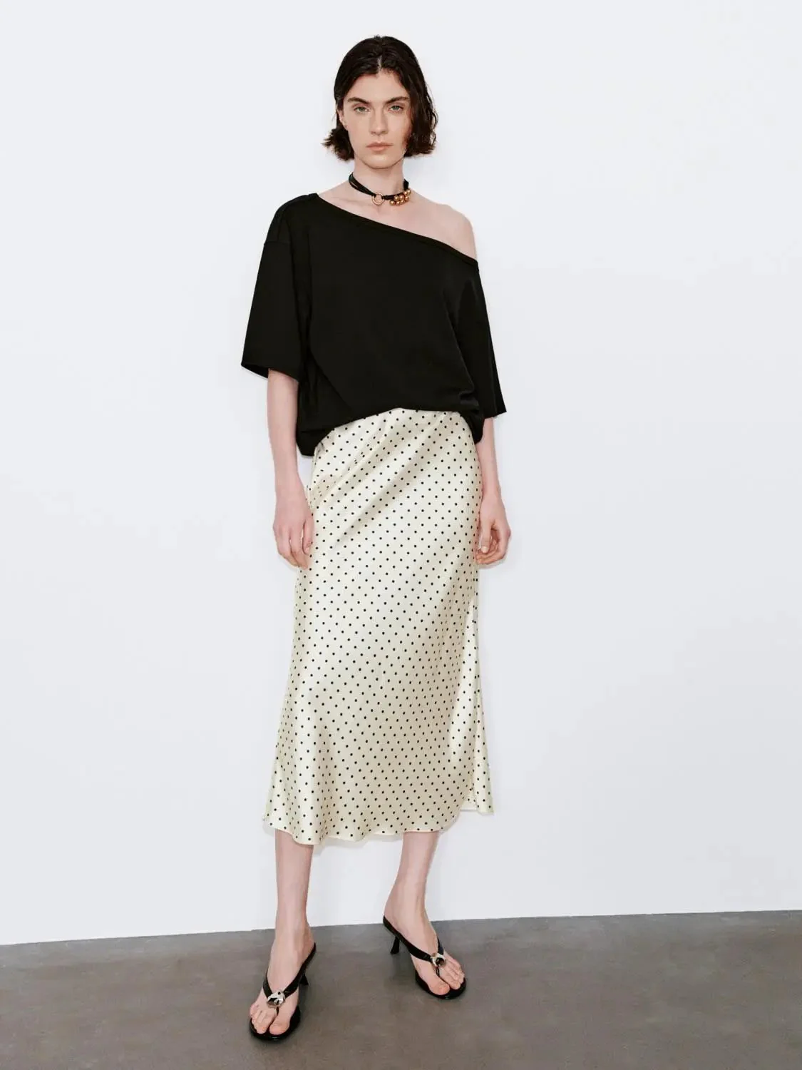 1281-beige-polka-dot-fishtail-satin-midi-skirt-6.webp Beige Polka Dot Fishtail Satin Midi Skirt