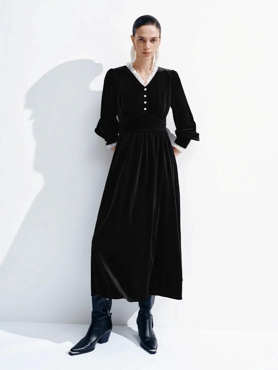 Velvet V-Neck Long Sleeve Lace Trim Belted Midi Dress