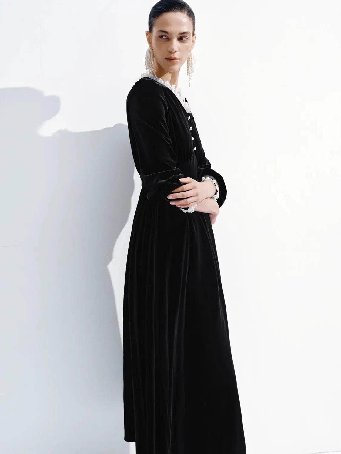 Velvet V-Neck Long Sleeve Lace Trim Belted Midi Dress