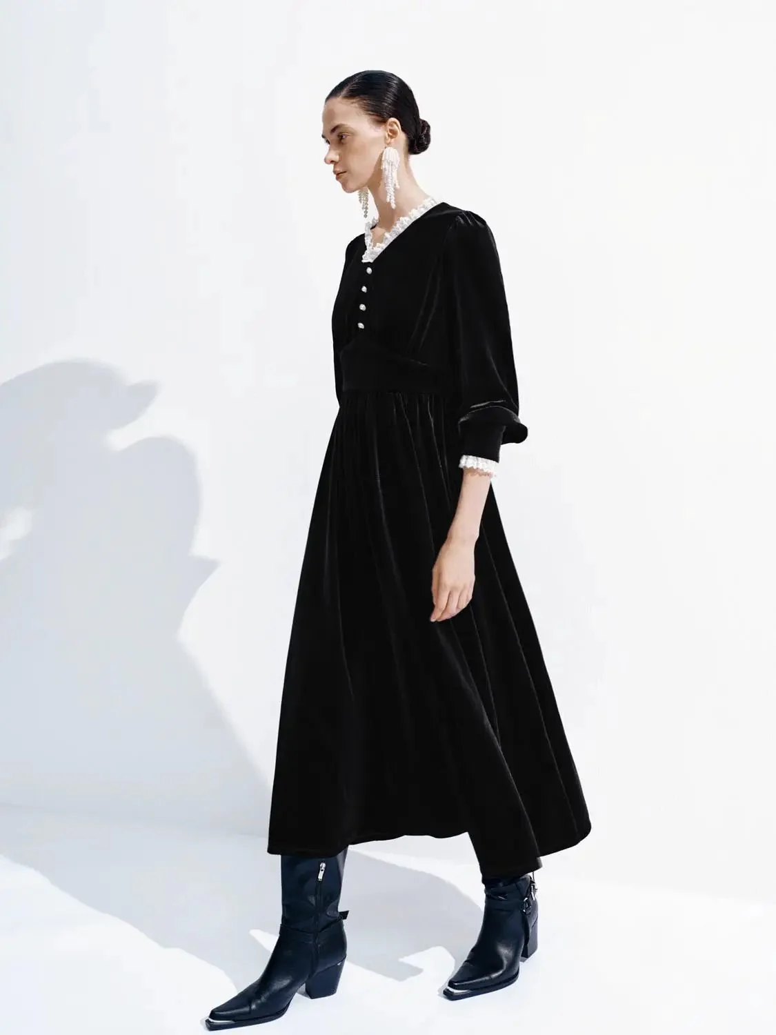 Velvet V-Neck Long Sleeve Lace Trim Belted Midi Dress