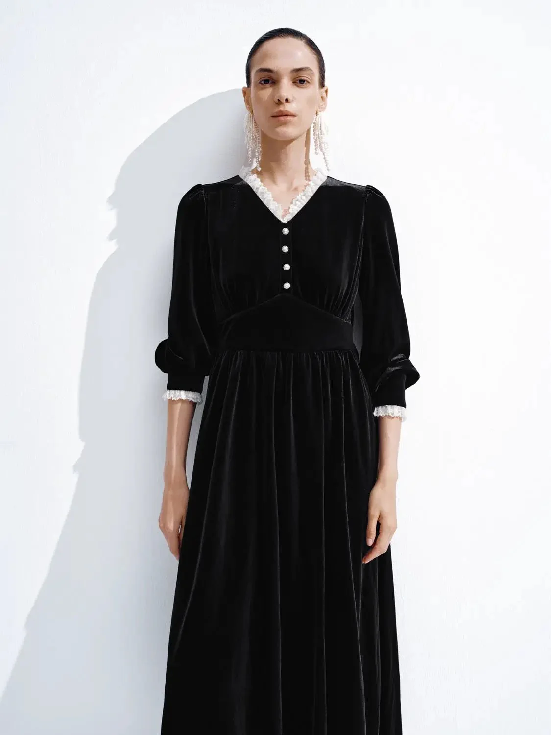 Velvet V-Neck Long Sleeve Lace Trim Belted Midi Dress