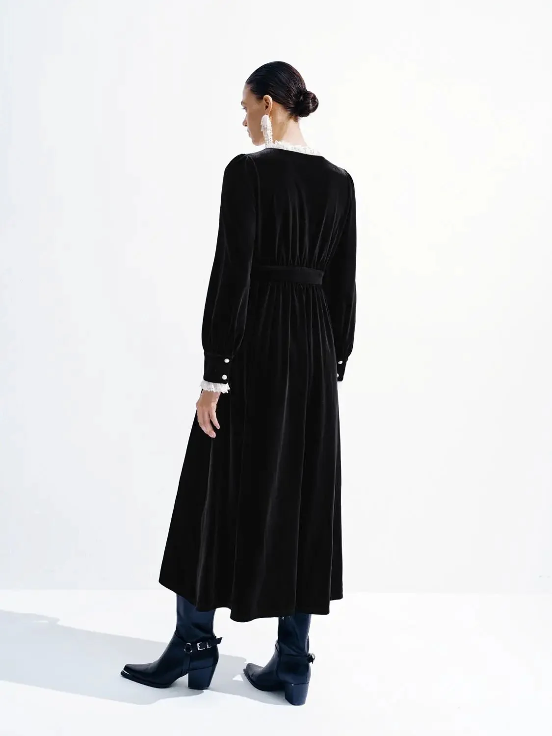 Velvet V-Neck Long Sleeve Lace Trim Belted Midi Dress
