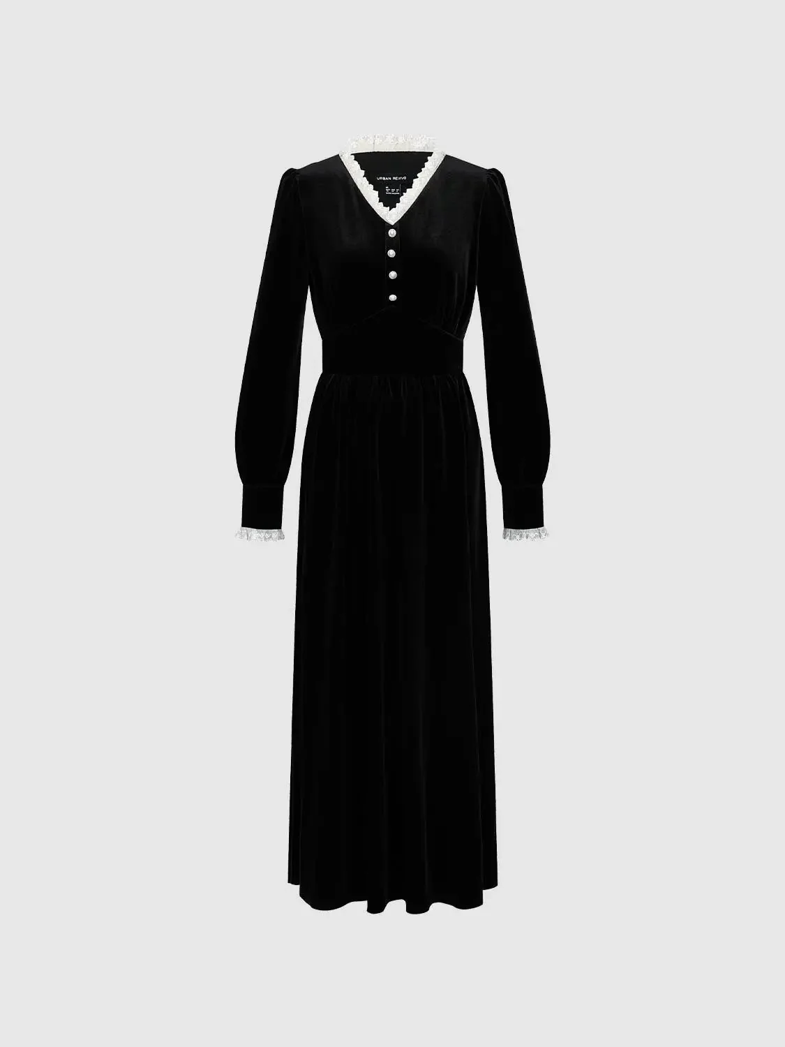 Velvet V-Neck Long Sleeve Lace Trim Belted Midi Dress
