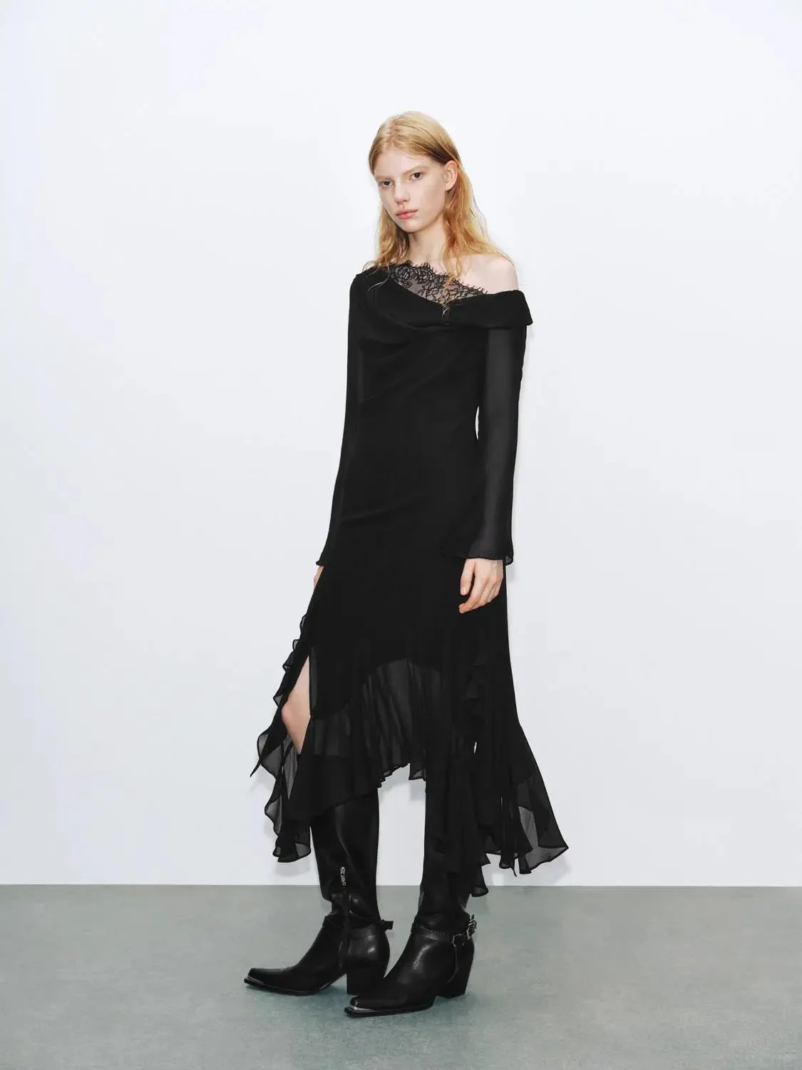 Lace Trim One-Shoulder A-Line Asymmetric Ruffle Dress