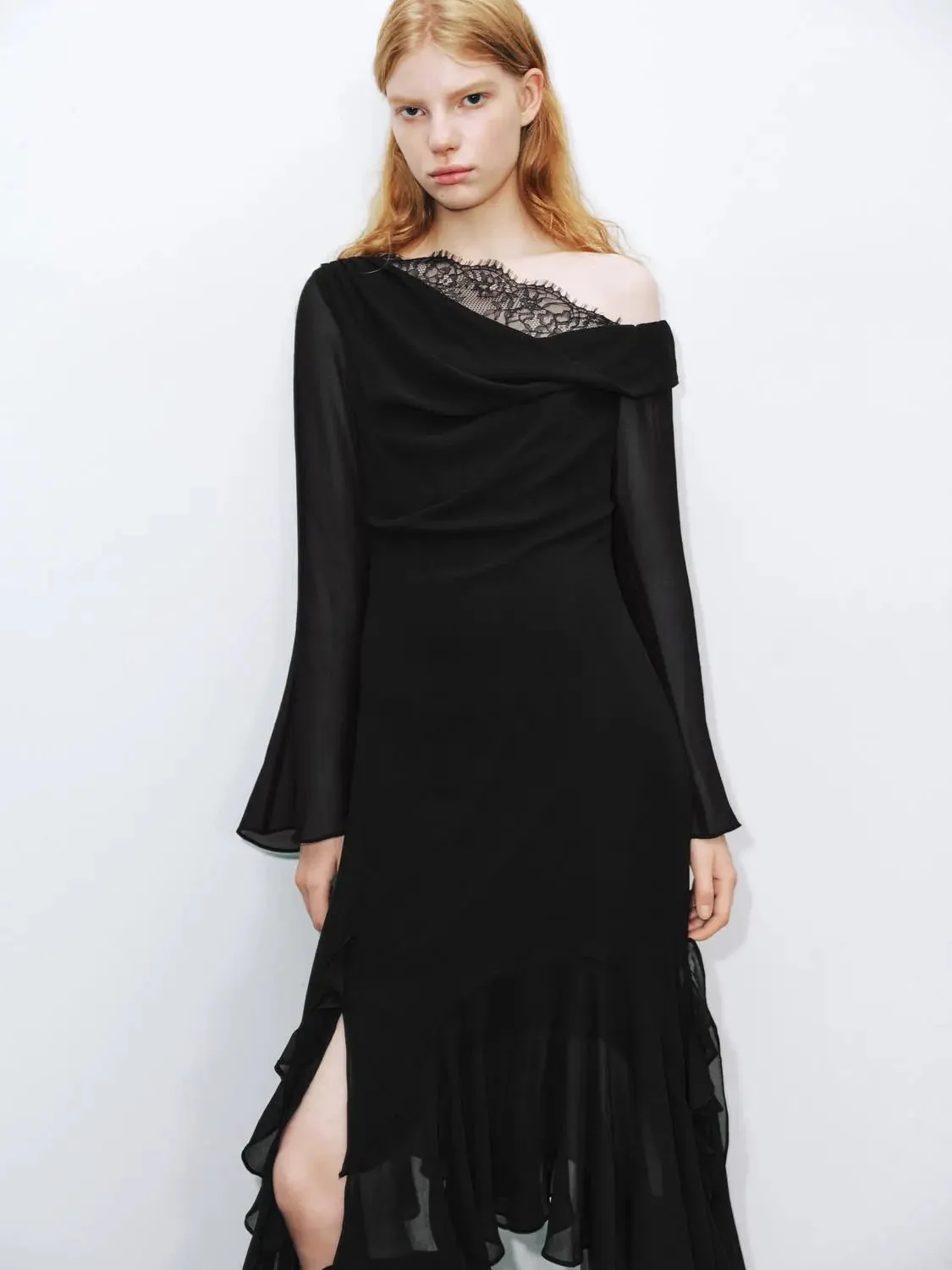 Lace Trim One-Shoulder A-Line Asymmetric Ruffle Dress