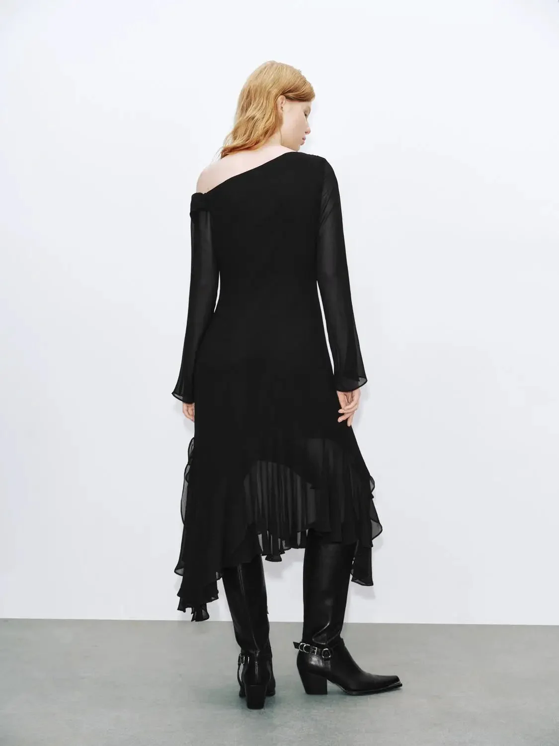 Lace Trim One-Shoulder A-Line Asymmetric Ruffle Dress