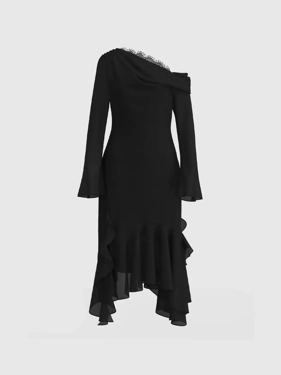 Lace Trim One-Shoulder A-Line Asymmetric Ruffle Dress