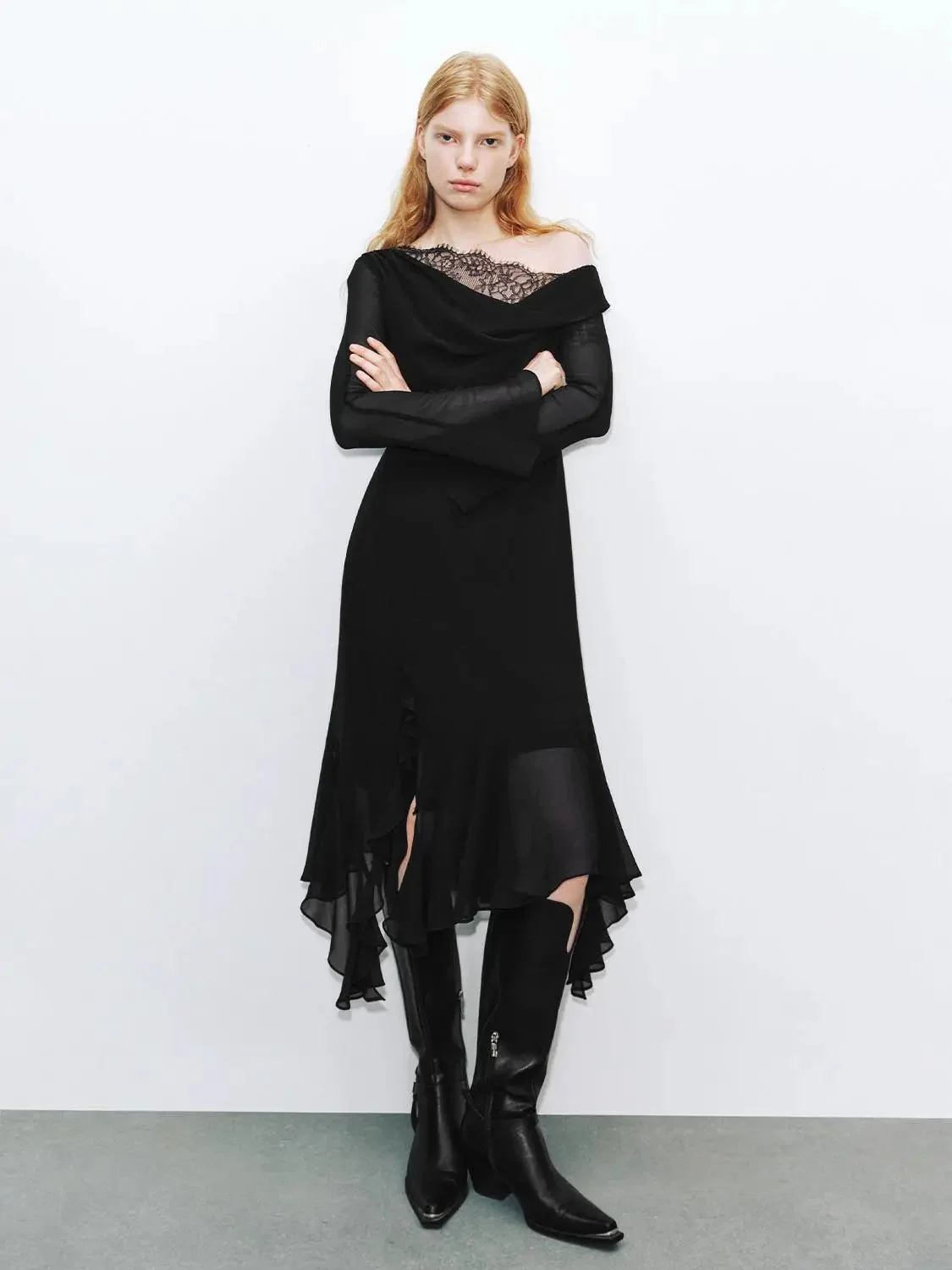 Lace Trim One-Shoulder A-Line Asymmetric Ruffle Dress