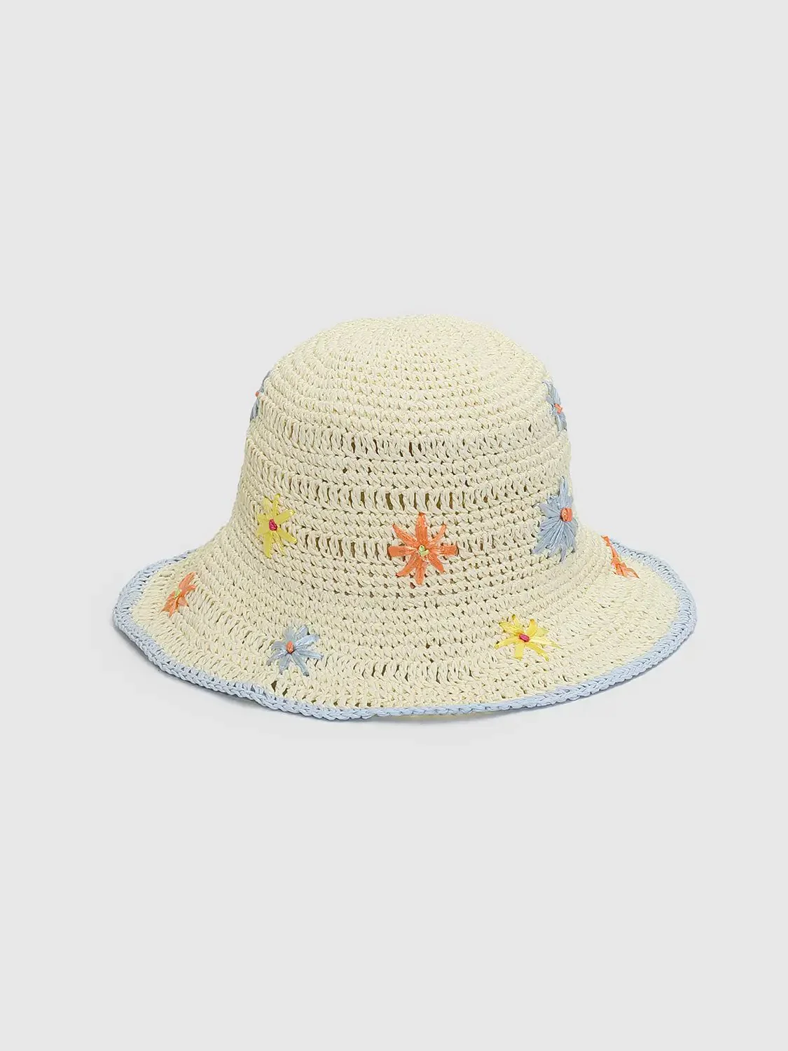 Contrast Trim Embroidered Crochet Bucket Hats