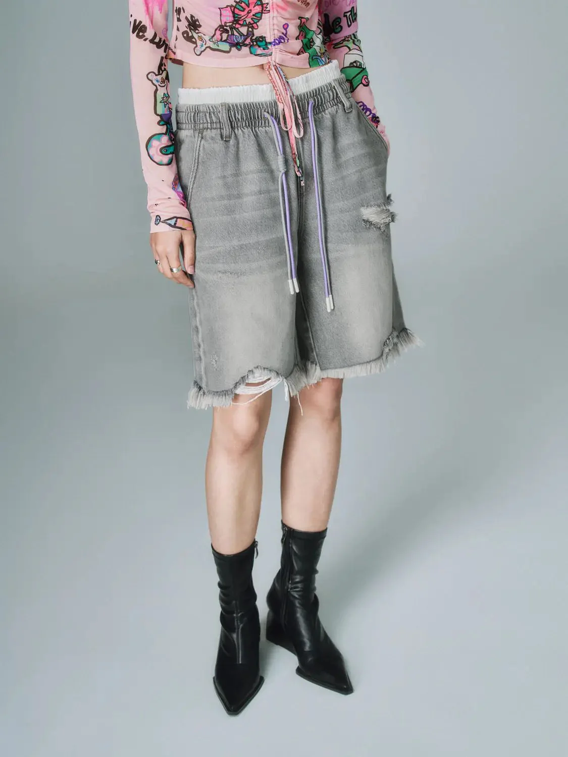 Drawstring Denim Shorts