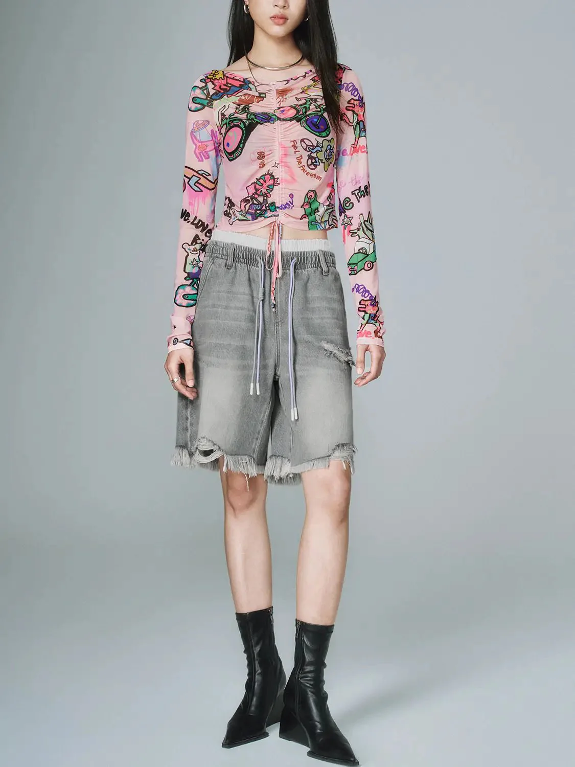 Drawstring Denim Shorts
