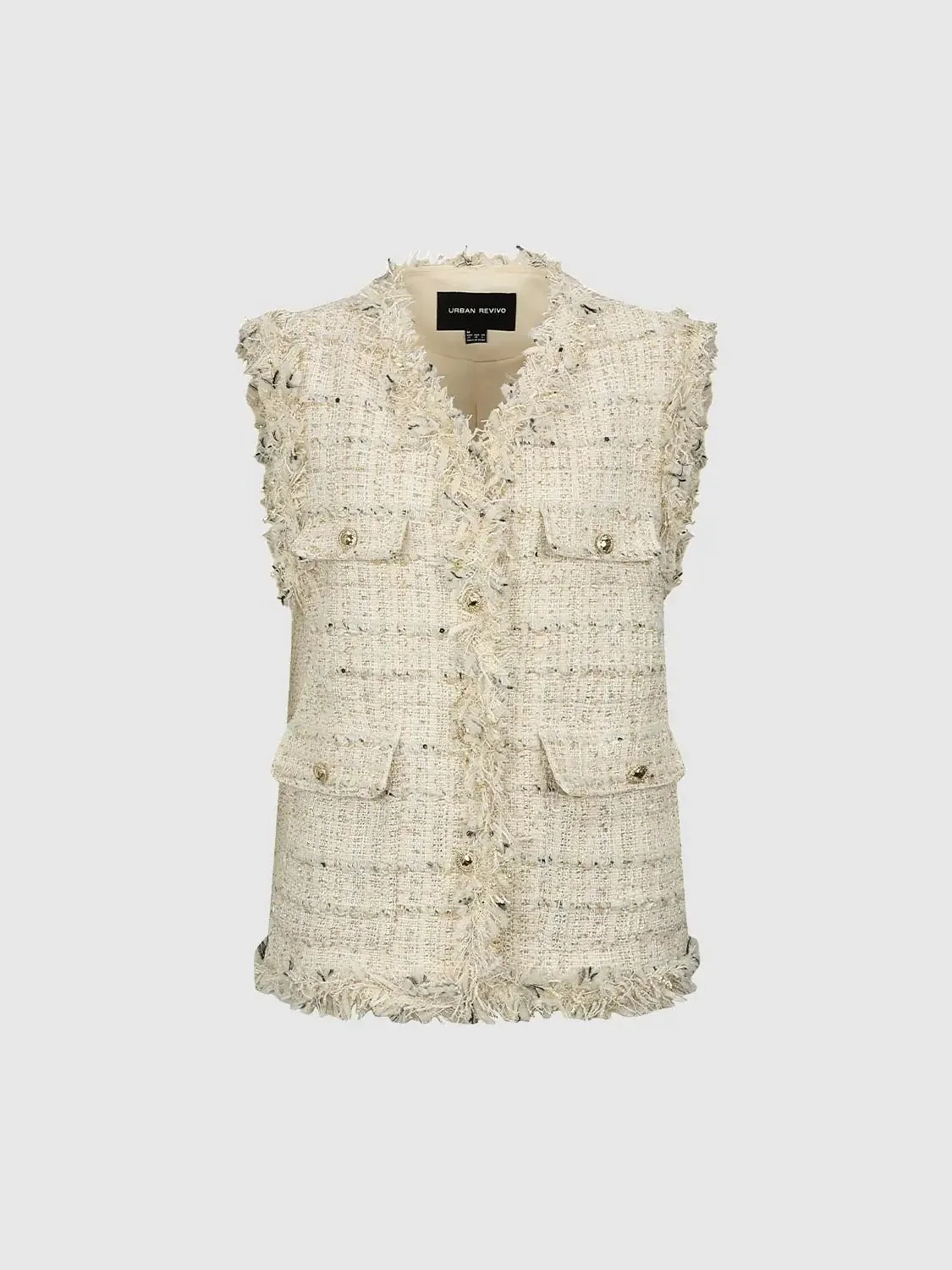 13011-v-neck-flap-pocket-raw-hem-tweed-vests-4.webp V-Neck Flap Pocket Raw Hem Tweed Vests