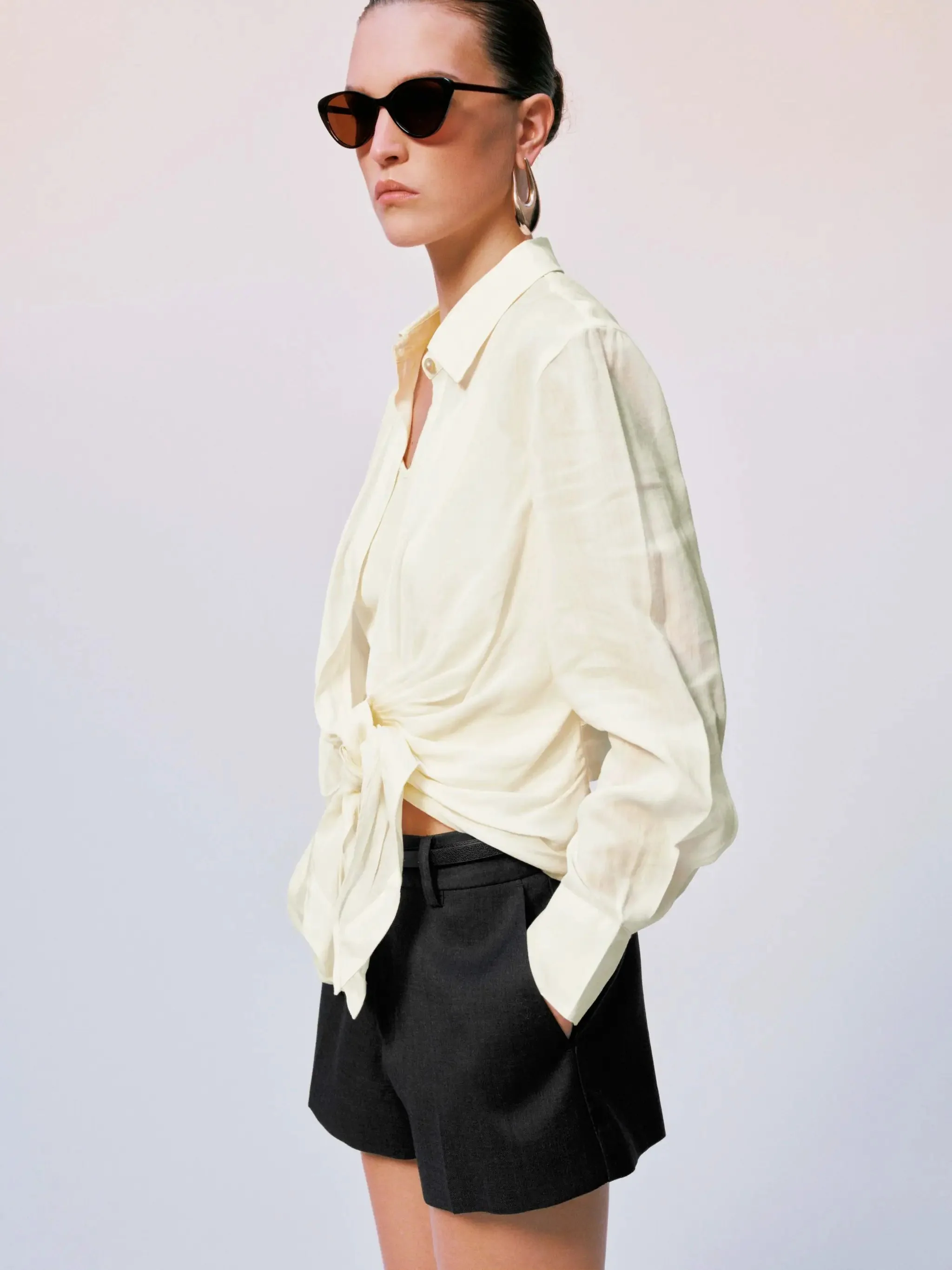 Knot Front Silk Shirred Asymmetric Shirts