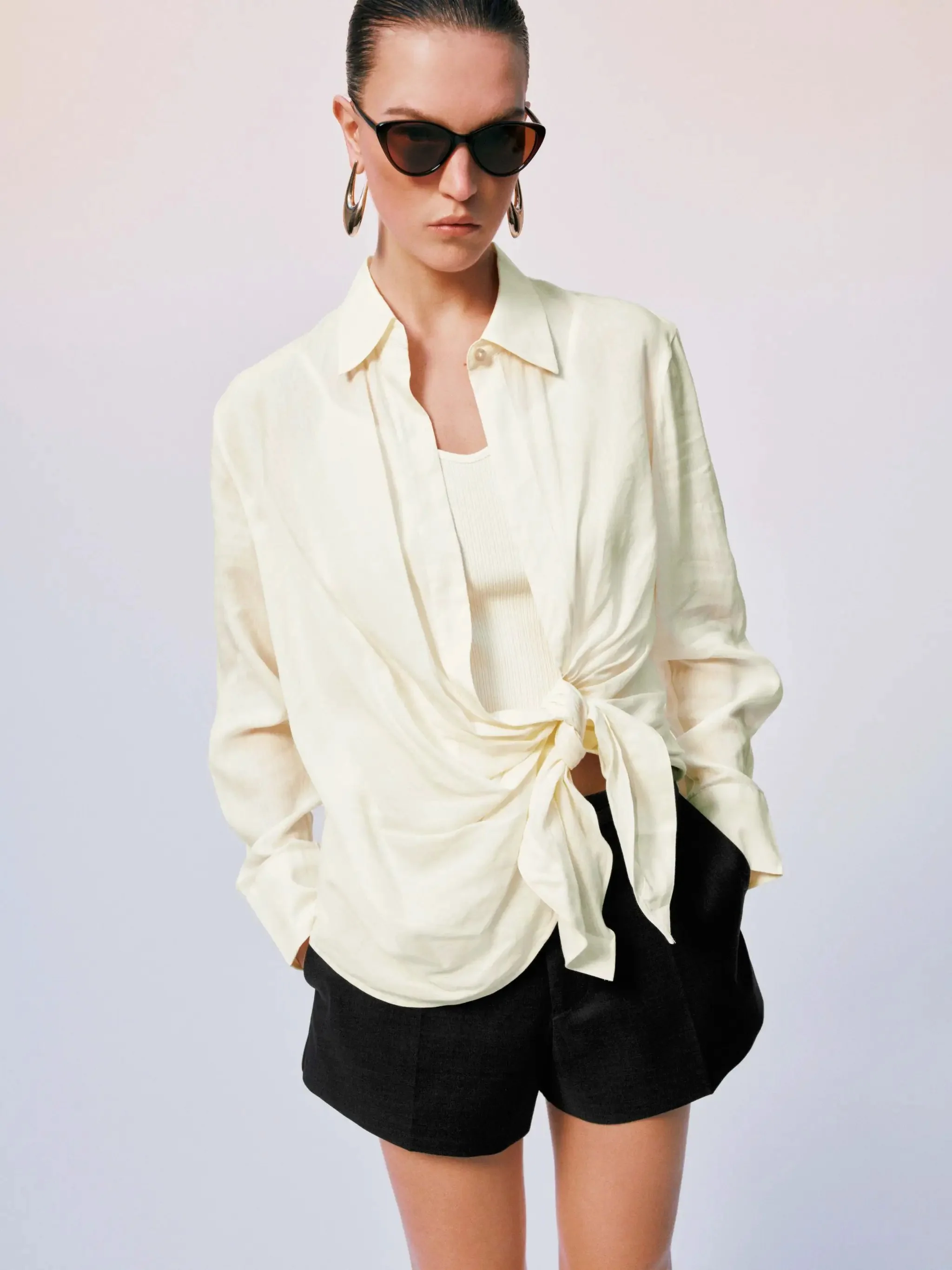 Knot Front Silk Shirred Asymmetric Shirts