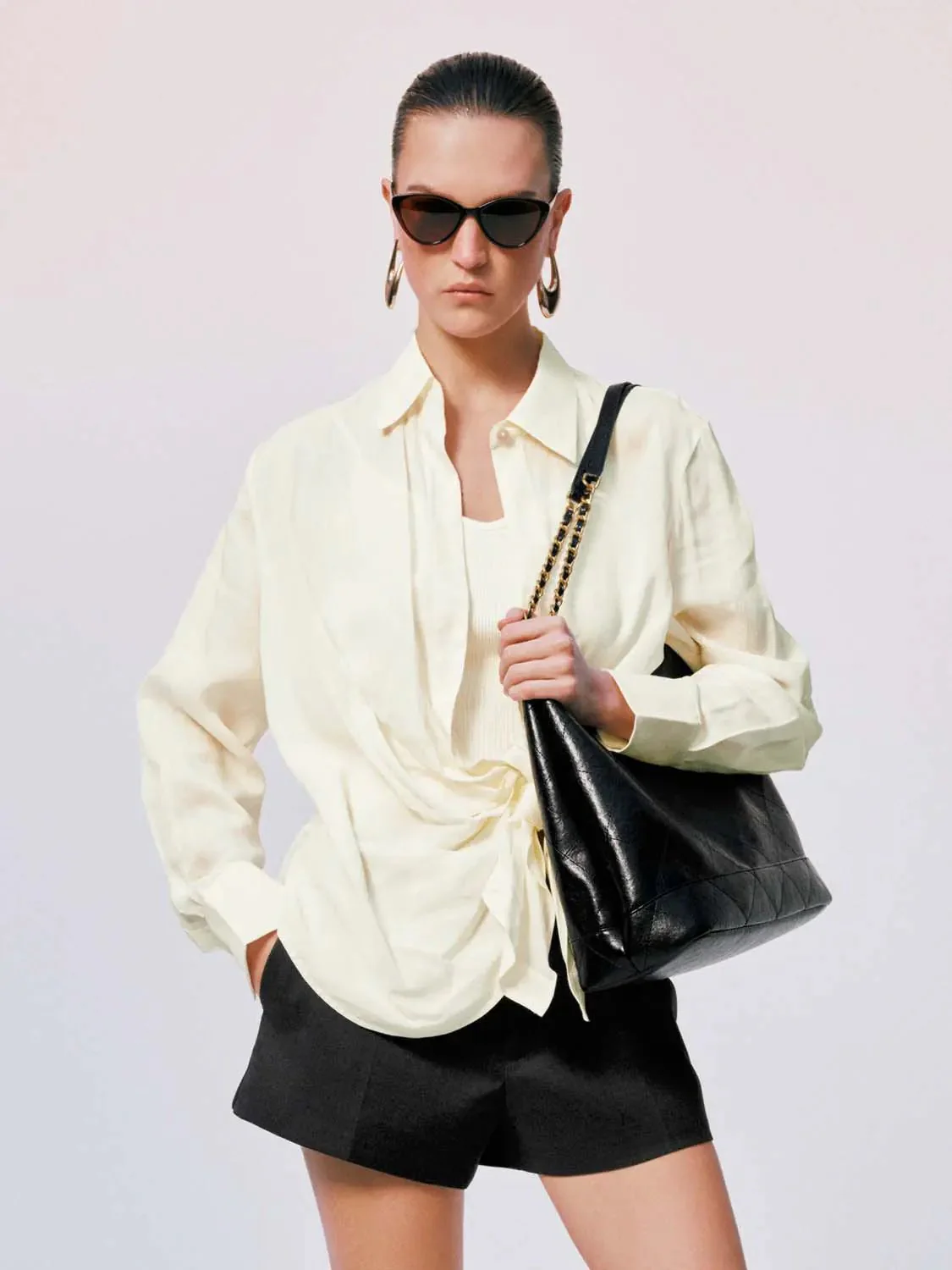 Knot Front Silk Shirred Asymmetric Shirts
