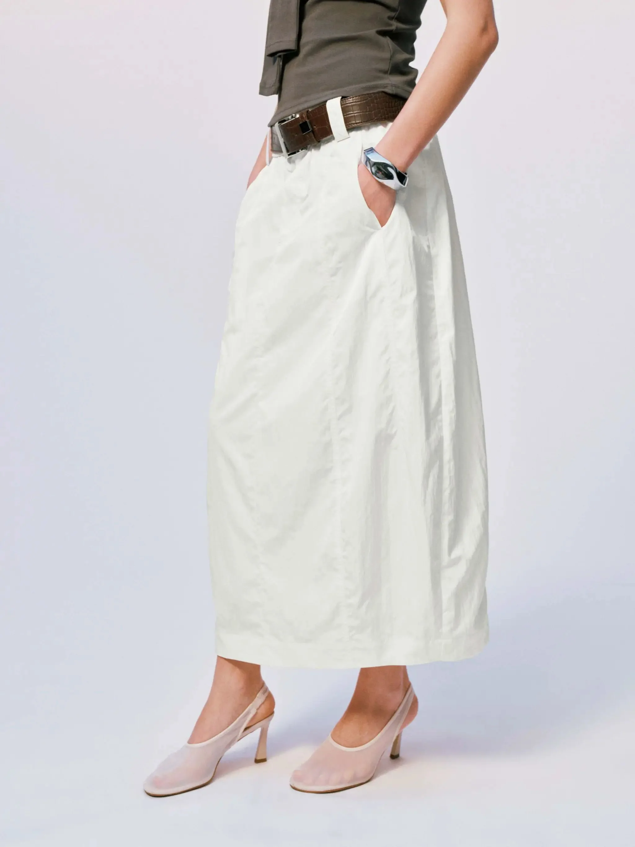 Lightweight Cotton Belted Seamed Balloon Midi Skirts