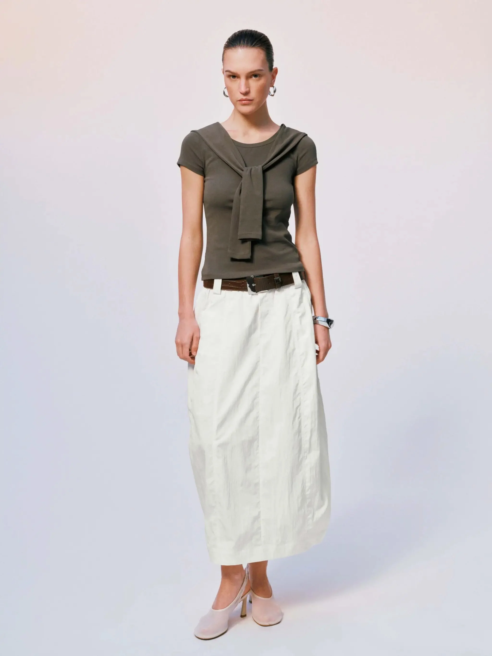 Lightweight Cotton Belted Seamed Balloon Midi Skirts