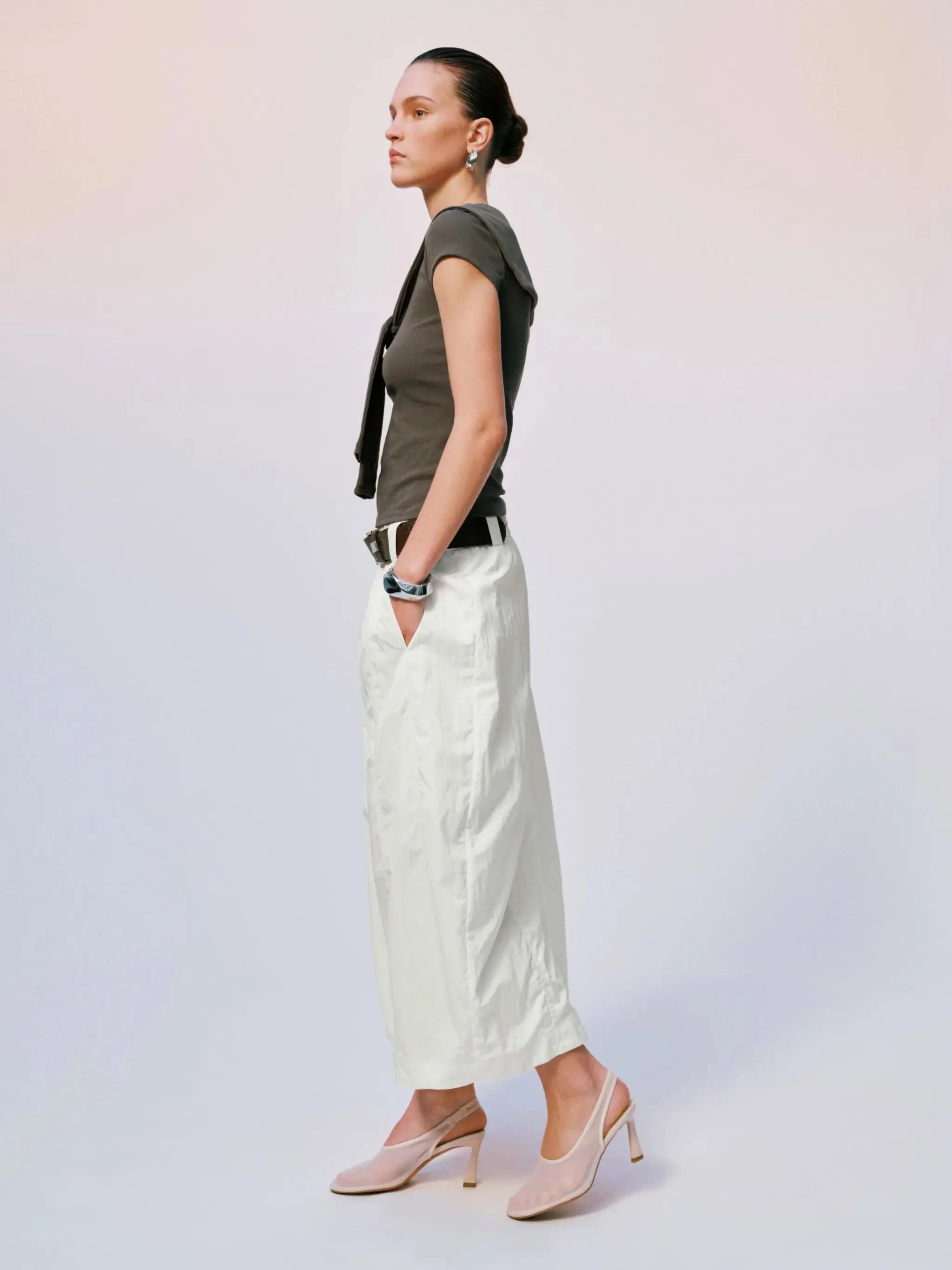 Lightweight Cotton Belted Seamed Balloon Midi Skirts