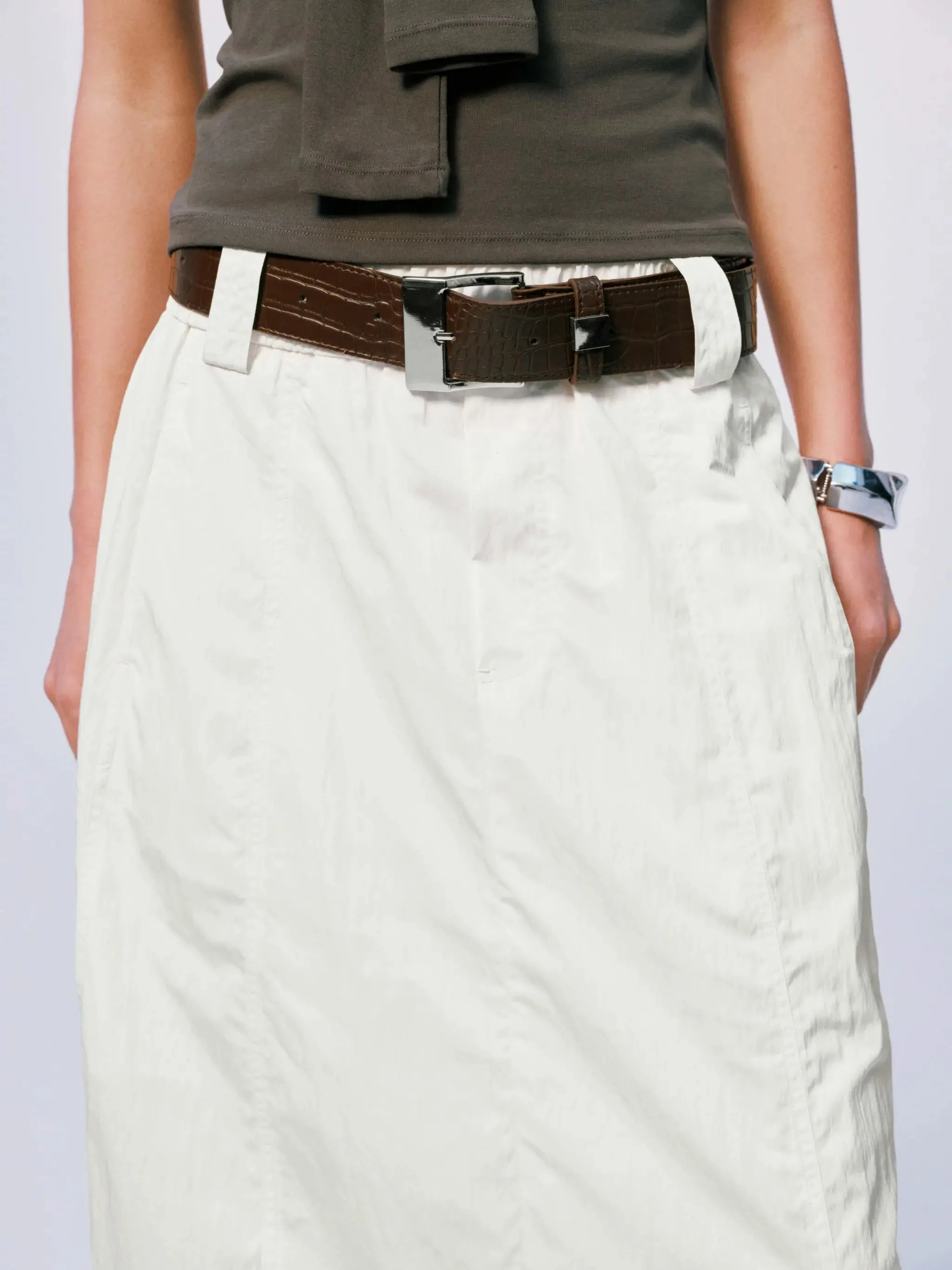 Lightweight Cotton Belted Seamed Balloon Midi Skirts