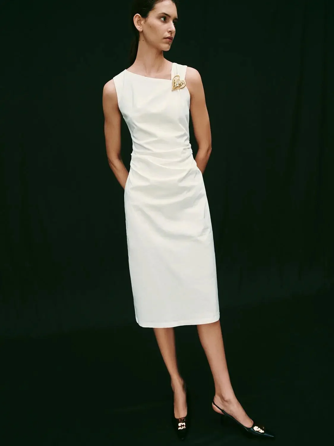 Linen Blend Sleeveless Asymmetric Ruched Midi Dresses