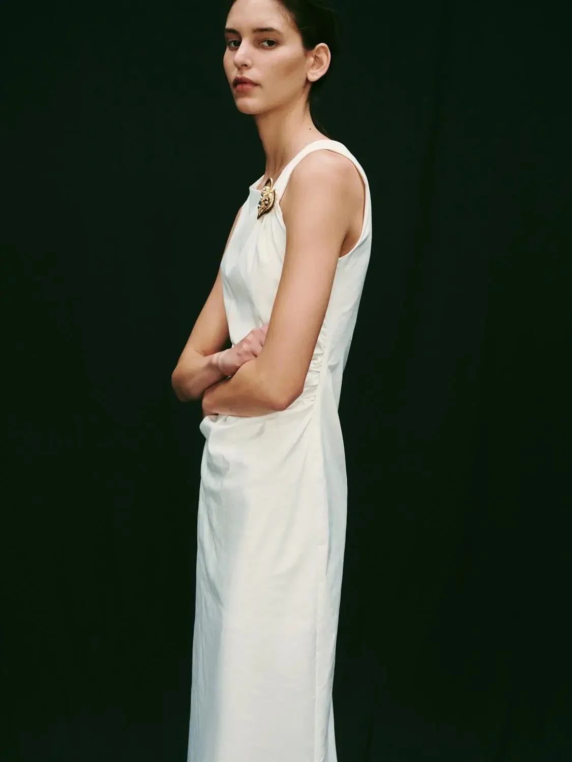 Linen Blend Sleeveless Asymmetric Ruched Midi Dresses