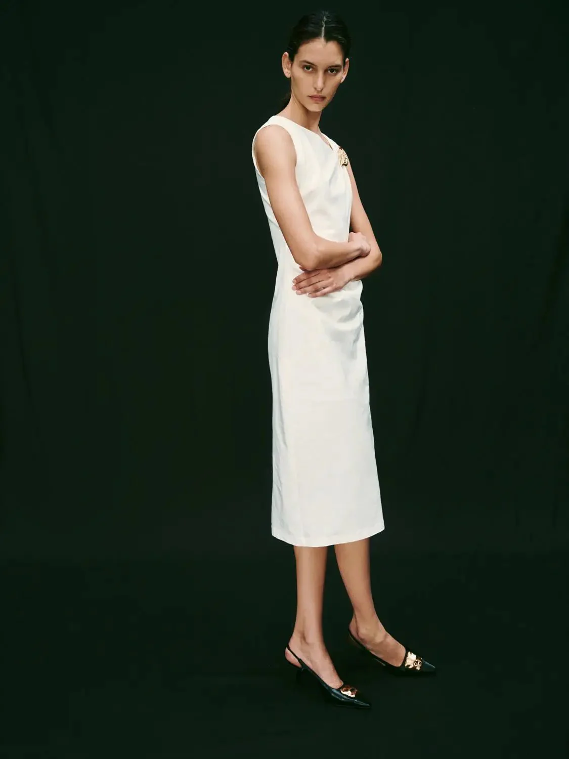 Linen Blend Sleeveless Asymmetric Ruched Midi Dresses