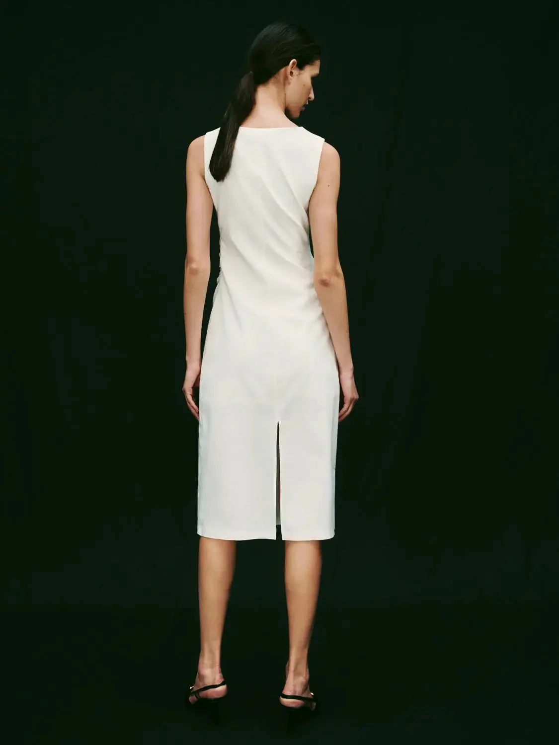 Linen Blend Sleeveless Asymmetric Ruched Midi Dresses